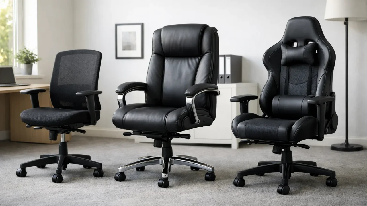 Trois sièges de bureau côte à côte : un modèle opérateur, un fauteuil de direction et un siège gaming.