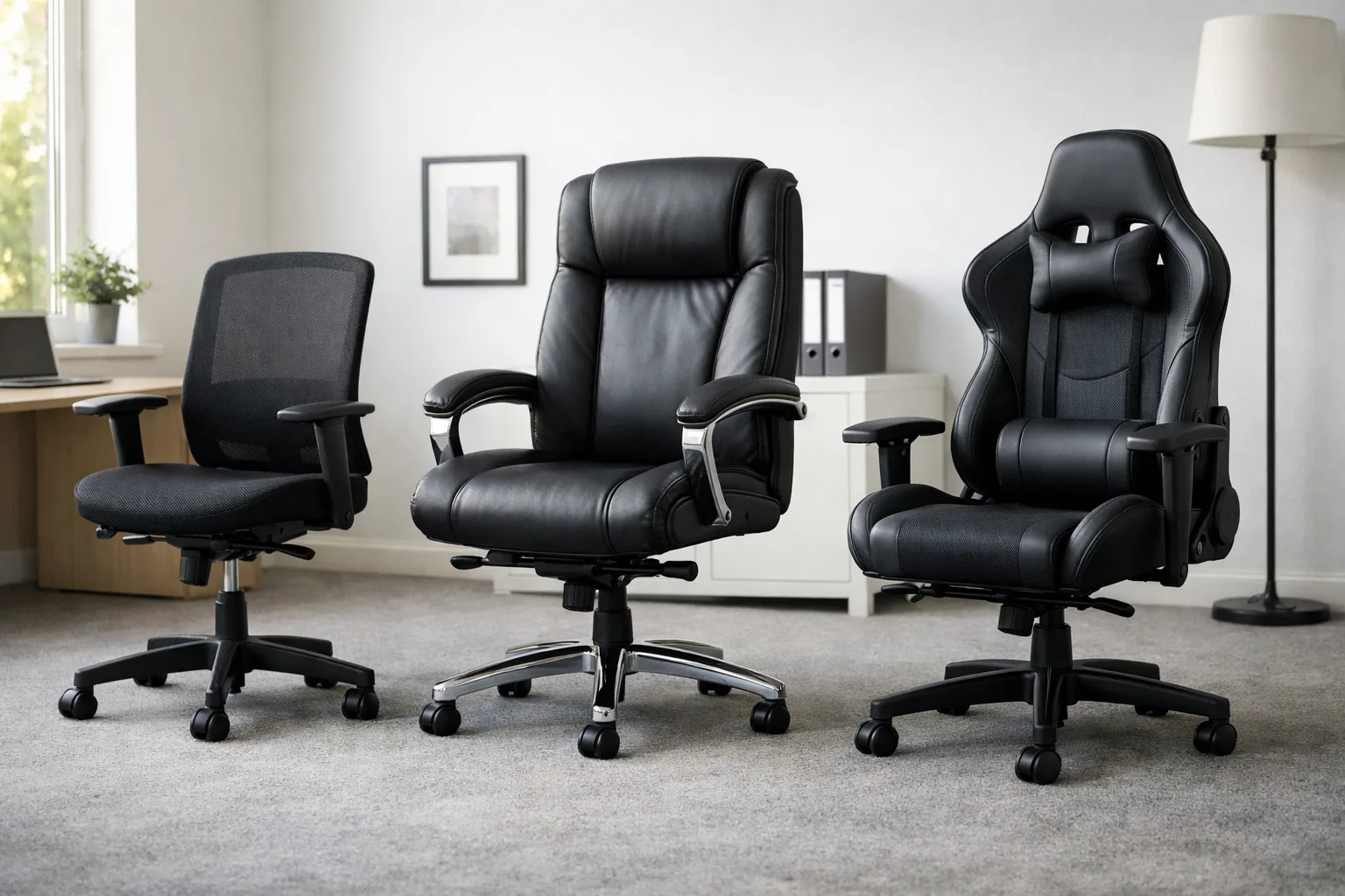 Trois sièges de bureau côte à côte : un modèle opérateur, un fauteuil de direction et un siège gaming.