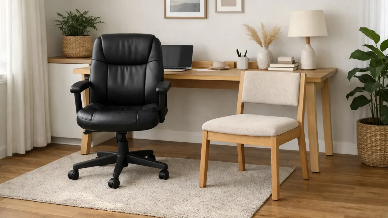 Un fauteuil de bureau pivotant à roulettes et une chaise fixe sont placés devant un bureau.