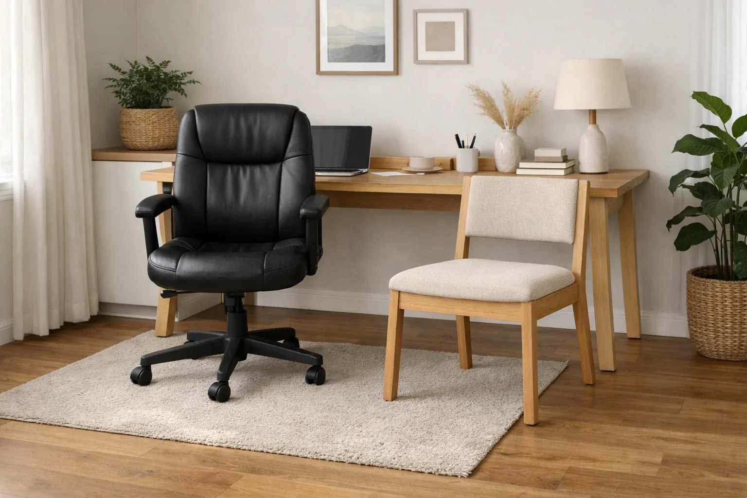 Un fauteuil de bureau pivotant à roulettes et une chaise fixe sont placés devant un bureau.