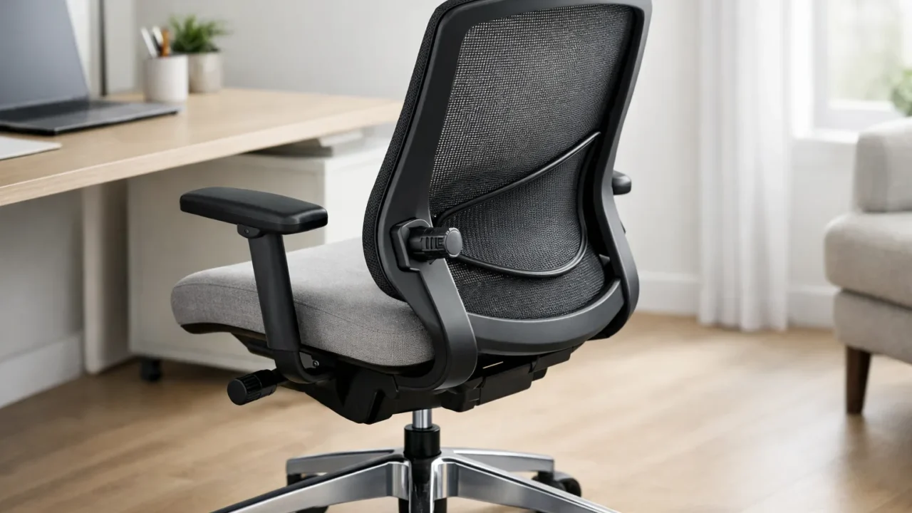 Fauteuil de bureau gris vu de côté, avec une zone lombaire incurvée et une commande de réglage sur le dossier.