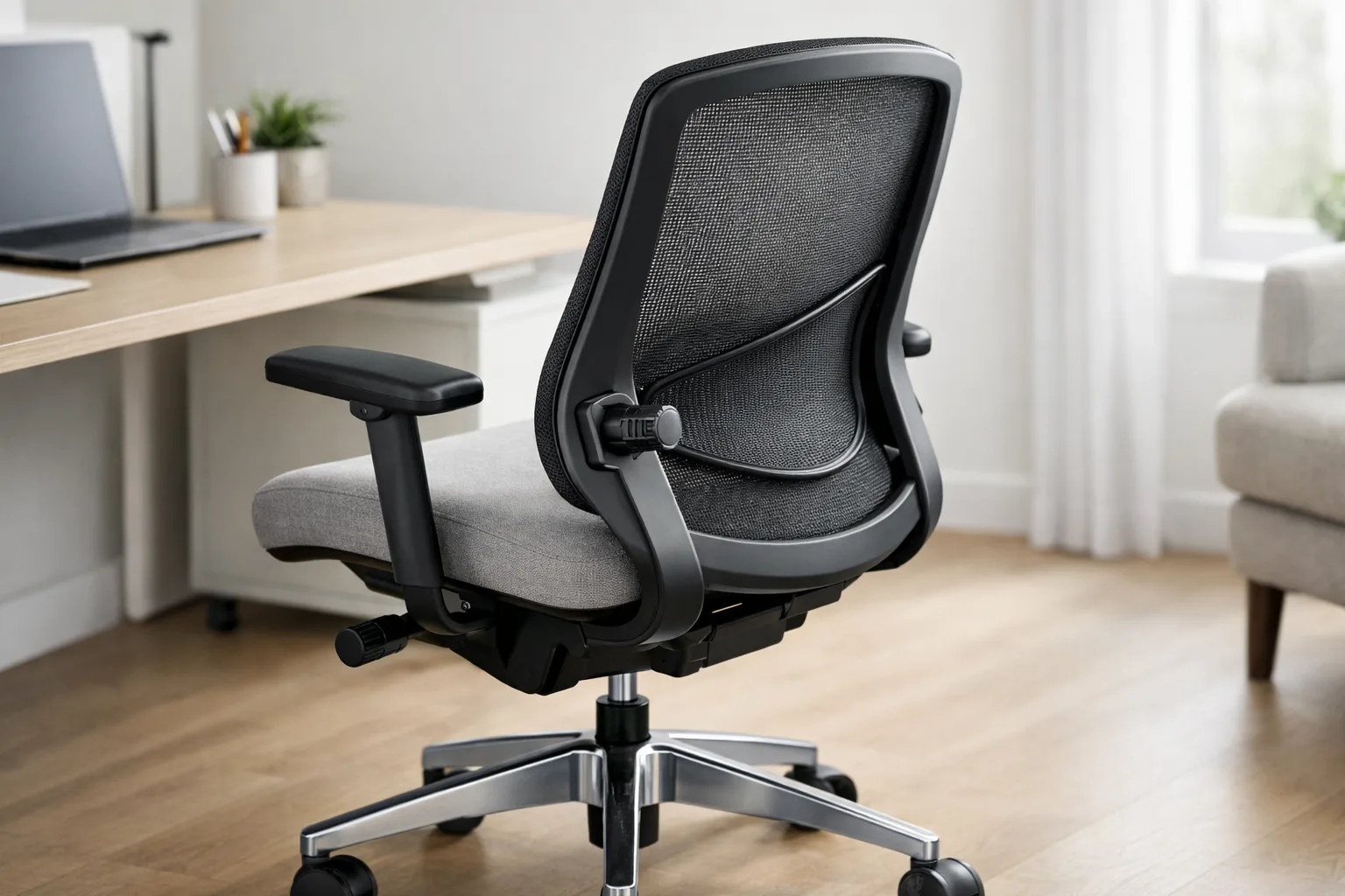 Fauteuil de bureau gris vu de côté, avec une zone lombaire incurvée et une commande de réglage sur le dossier.