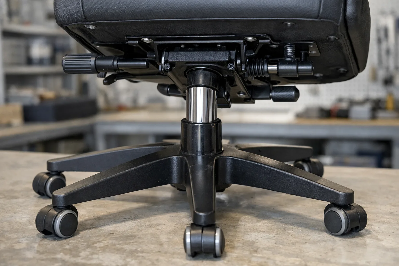 Dessous d’un fauteuil de bureau montrant le vérin, le piètement étoile et la platine sous l’assise.