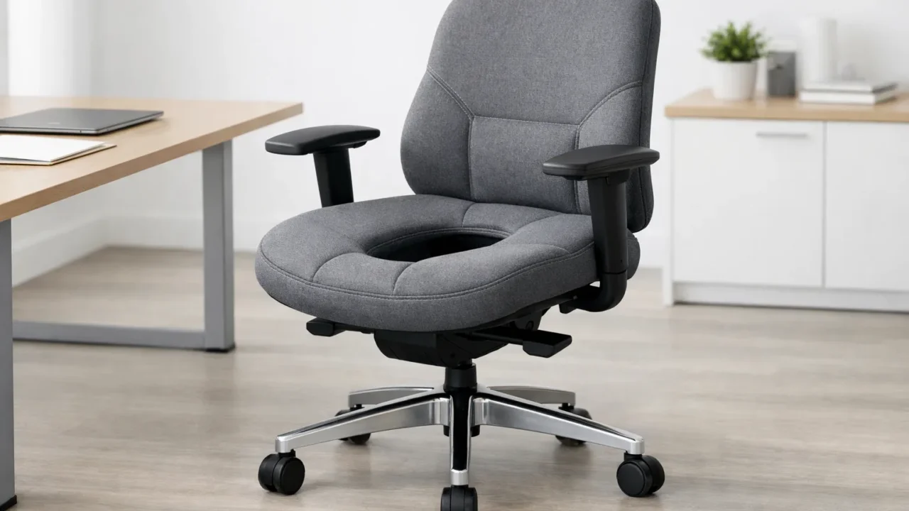 Fauteuil de bureau rembourré dont l’assise présente une ouverture centrale arrondie.