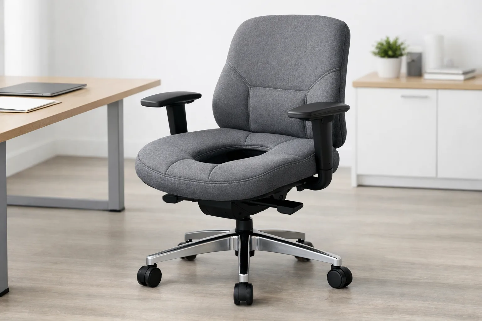 Fauteuil de bureau rembourré dont l’assise présente une ouverture centrale arrondie.