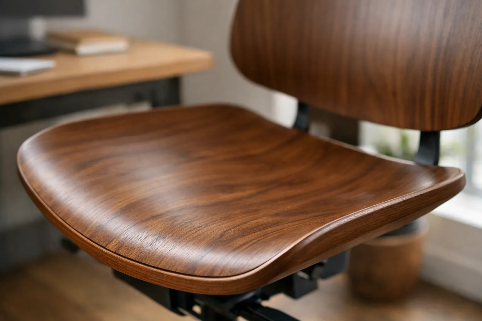 Détail du galbe et des bords arrondis d’une assise de chaise de bureau en bois.
