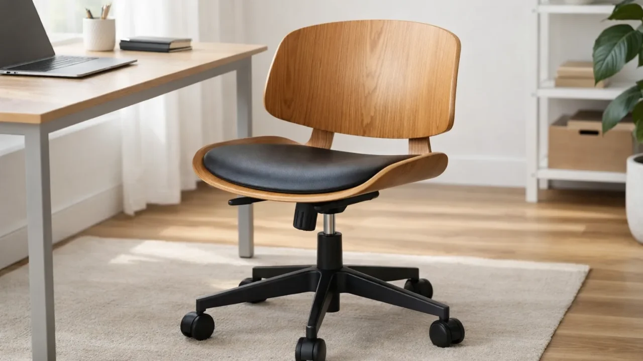 Chaise de bureau à assise et dossier en bois courbé près d’un bureau.