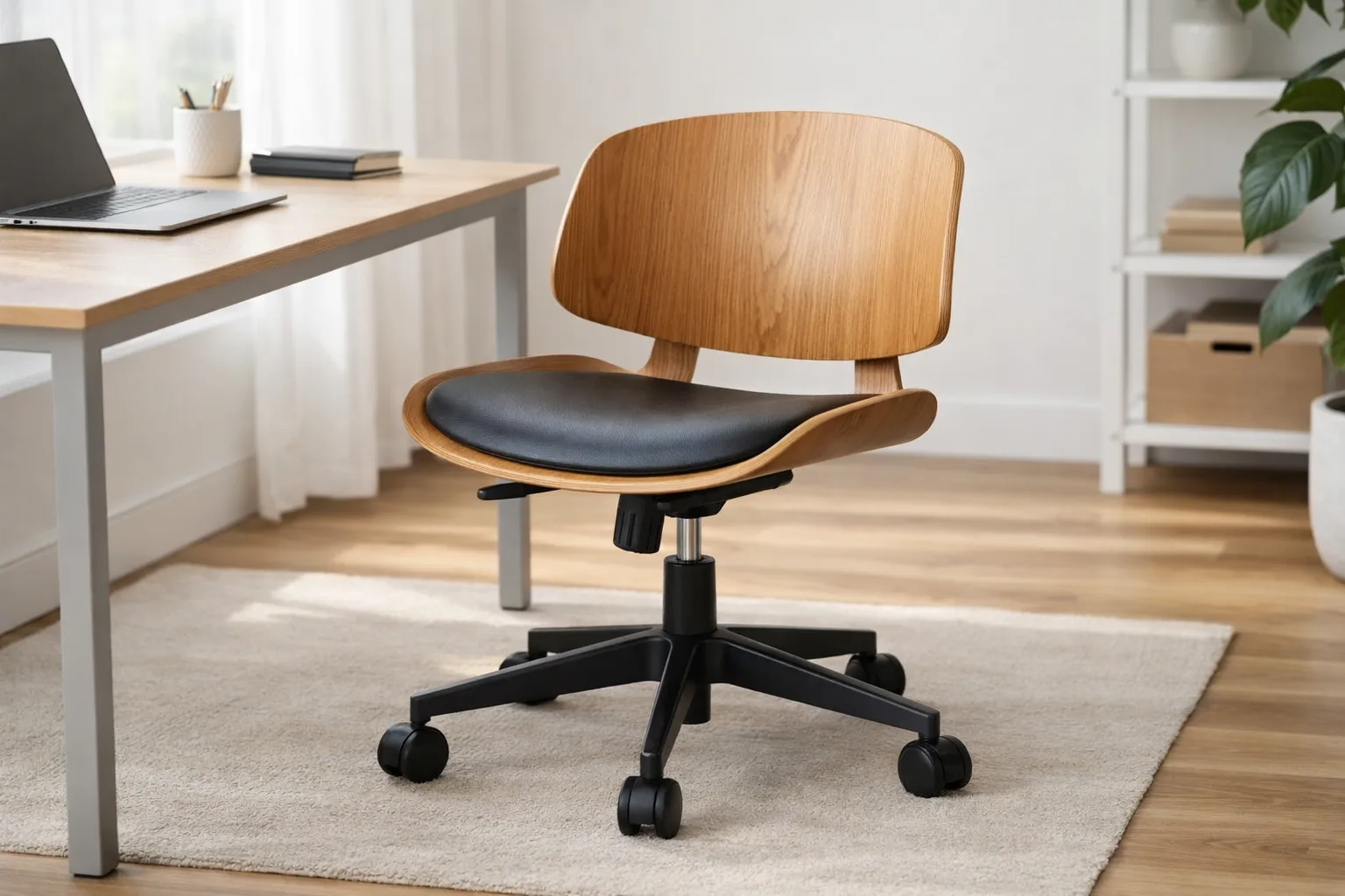 Chaise de bureau à assise et dossier en bois courbé près d’un bureau.