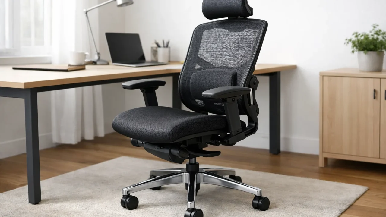 Fauteuil de bureau à assise inclinée vers l’avant placé devant un bureau.