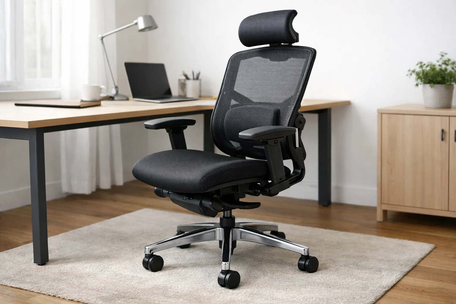 Fauteuil de bureau à assise inclinée vers l’avant placé devant un bureau.