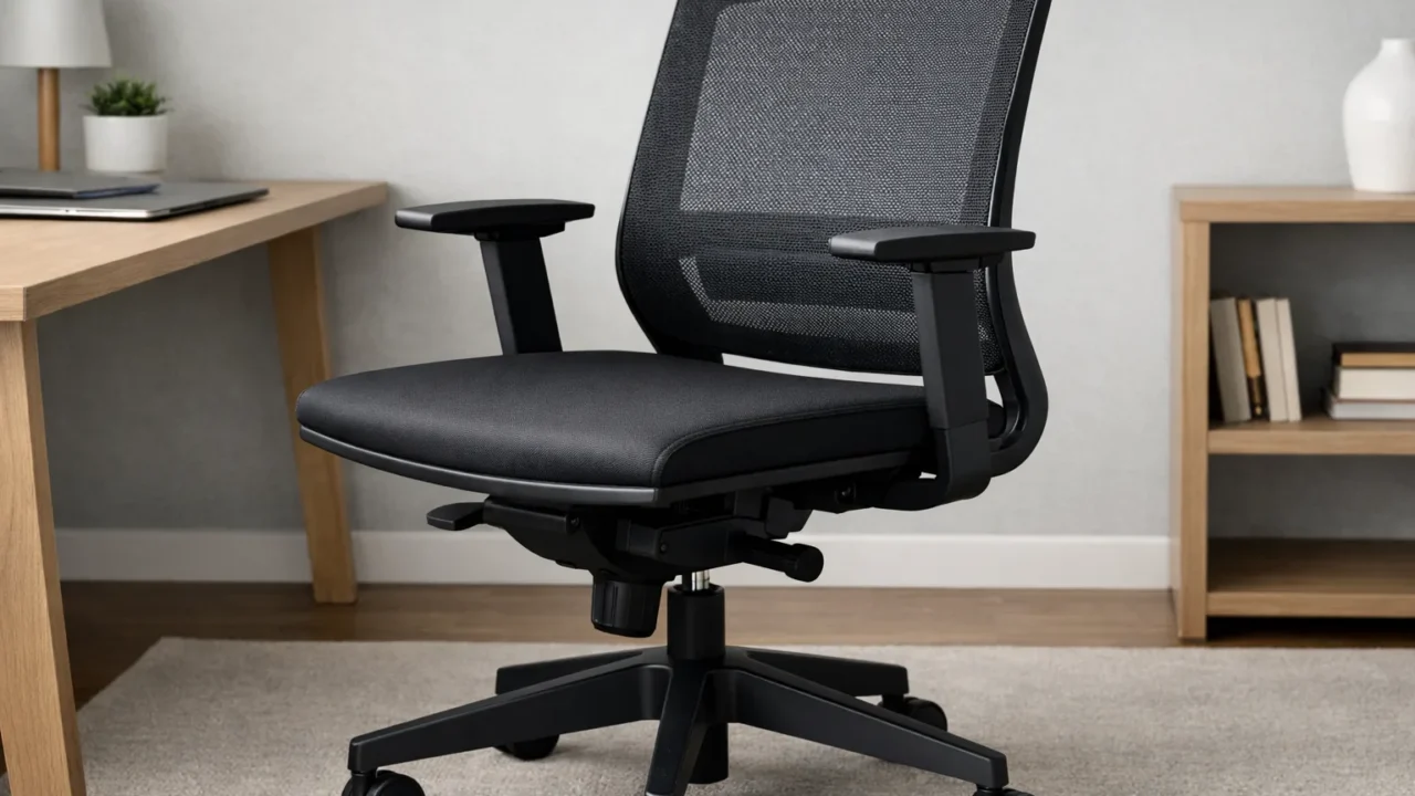 Siège de bureau à assise ferme présenté de trois quarts dans un espace de travail sobre.