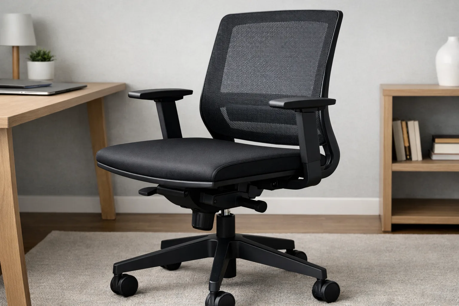 Siège de bureau à assise ferme présenté de trois quarts dans un espace de travail sobre.