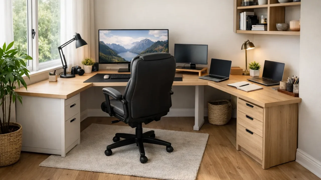 Fauteuil pivotant placé devant un bureau d’angle avec un écran sur le retour.