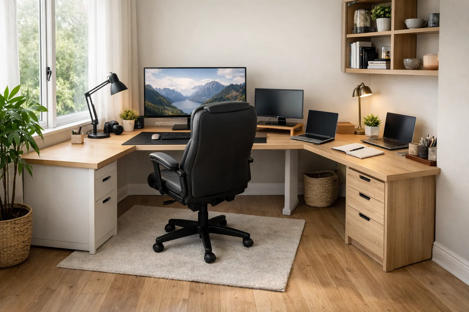 Fauteuil pivotant placé devant un bureau d’angle avec un écran sur le retour.
