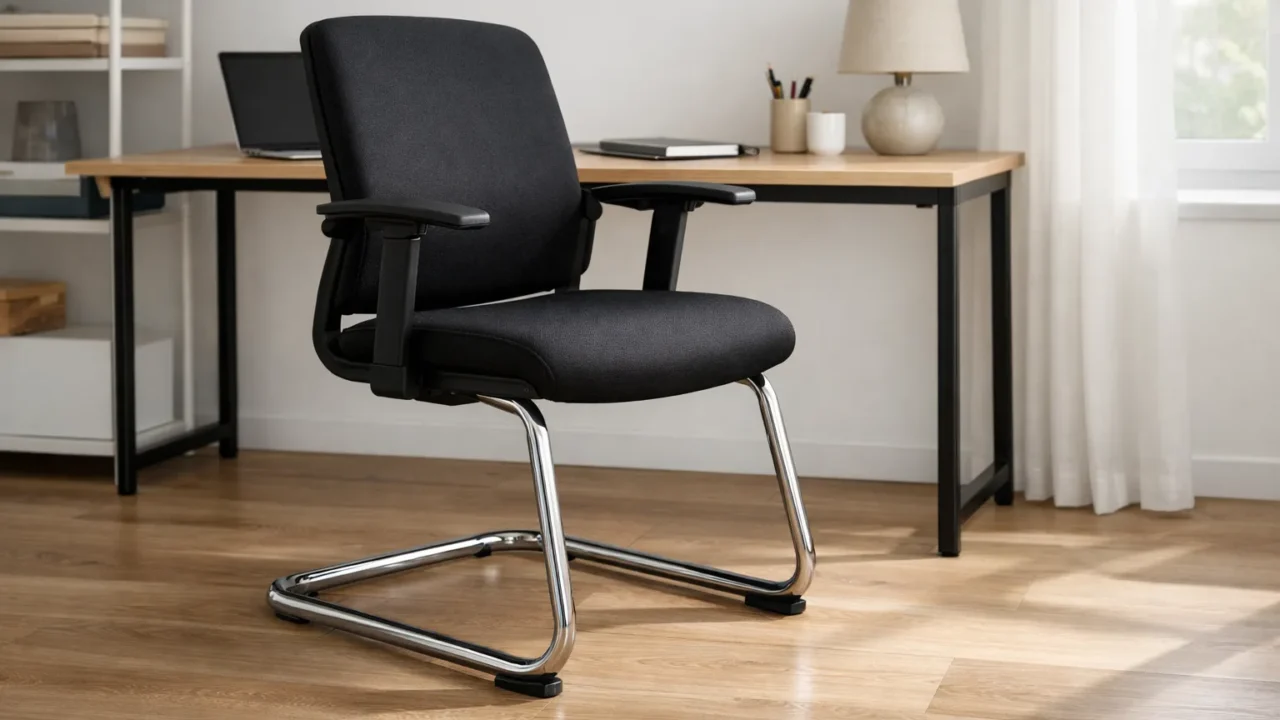 Chaise de bureau à piètement luge placée devant un bureau sur un sol dur.