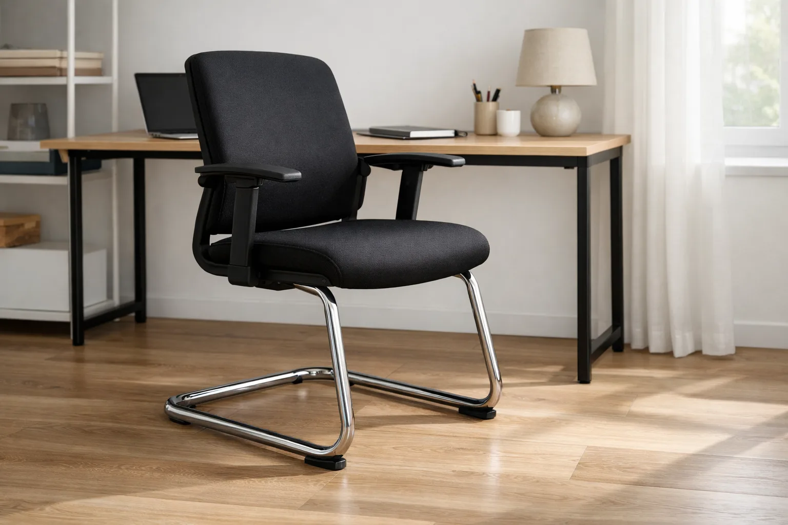 Chaise de bureau à piètement luge placée devant un bureau sur un sol dur.