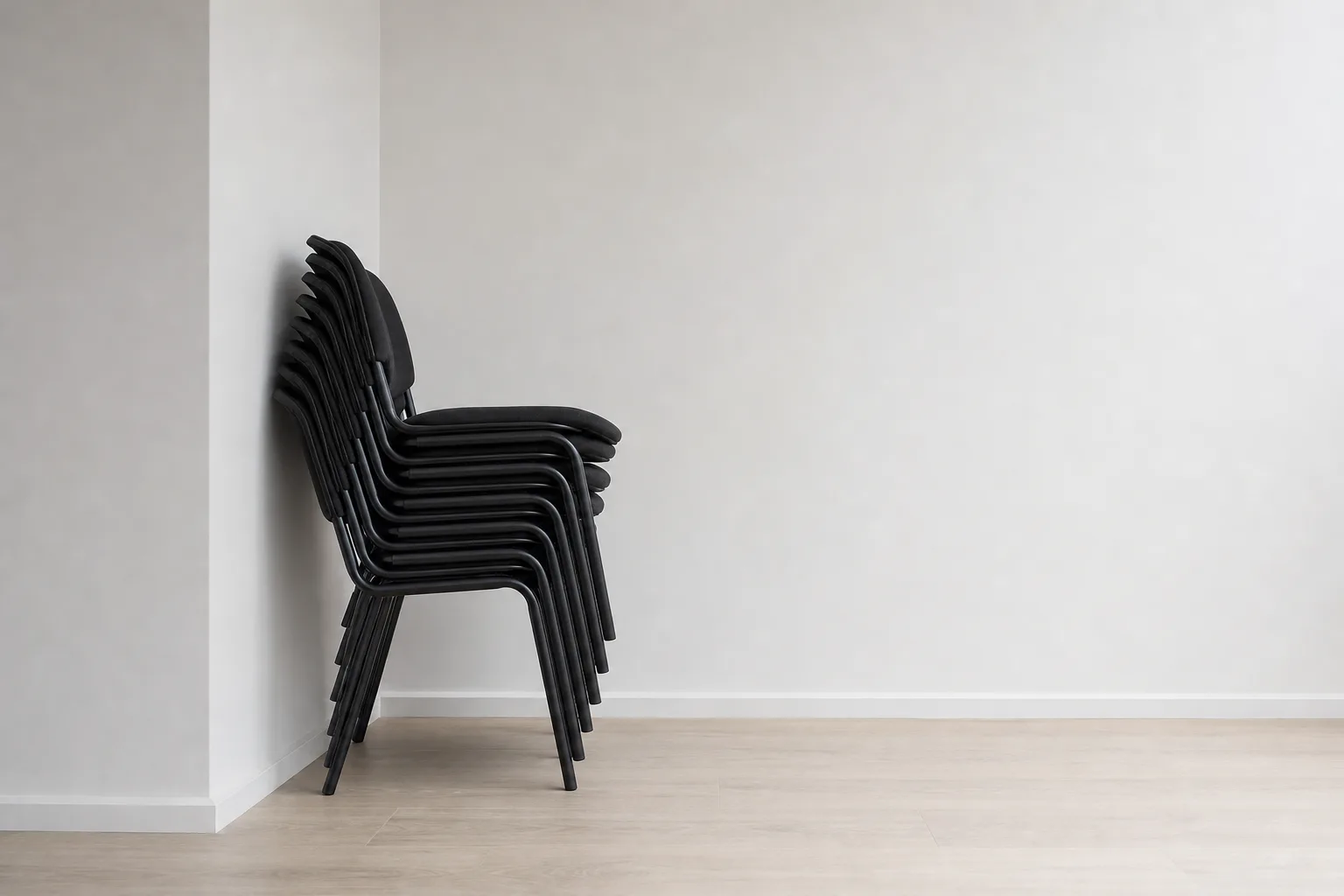 Pile de chaises de bureau vue de profil, avec les dossiers et les pieds qui dépassent du volume central.