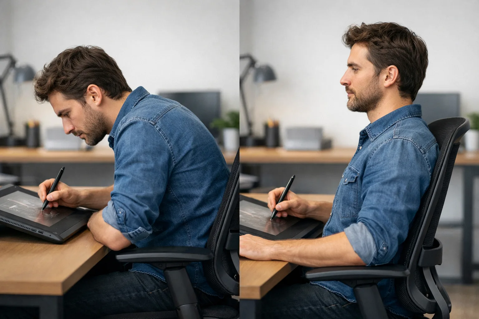 Profil d’une personne dessinant à une tablette graphique sur un fauteuil dont le dossier est légèrement incliné.