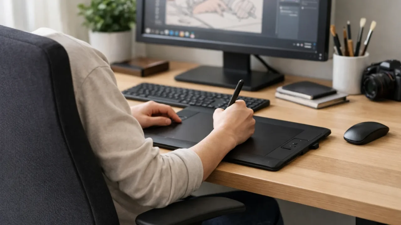 Personne assise sur un fauteuil de bureau devant une tablette graphique posée sur un bureau.