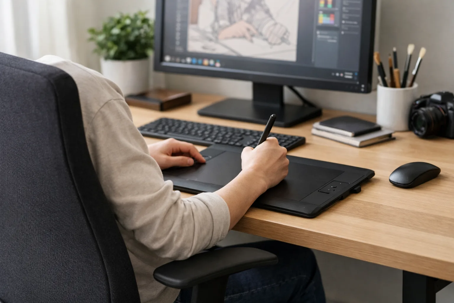 Personne assise sur un fauteuil de bureau devant une tablette graphique posée sur un bureau.