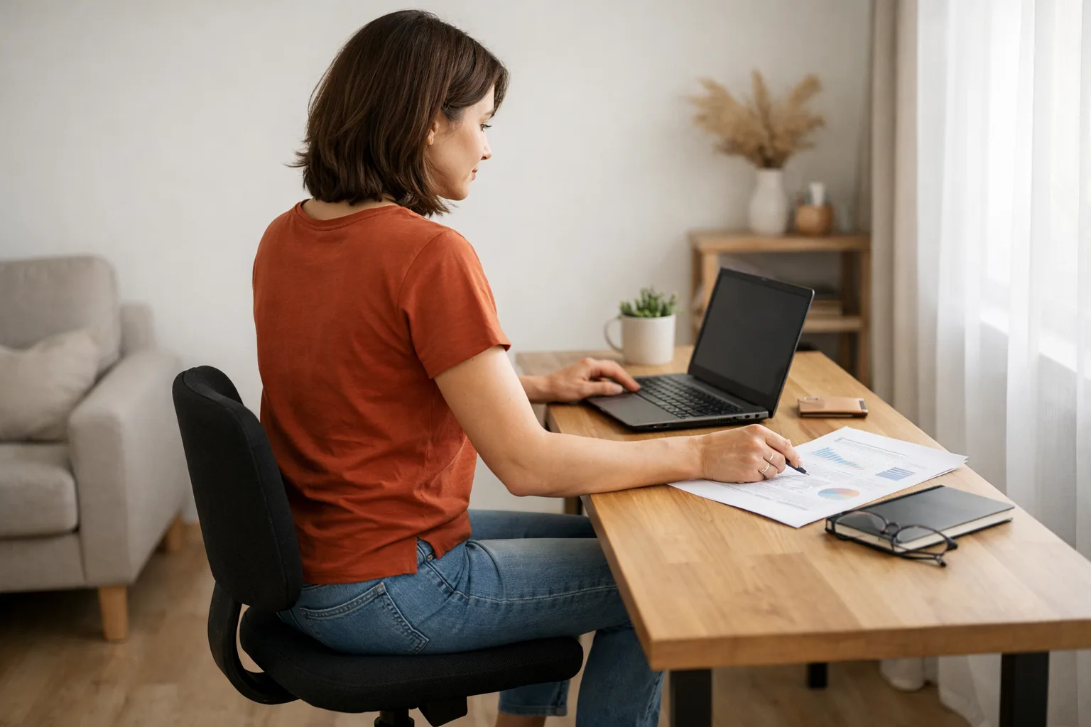 Personne assise sur une chaise sans accoudoirs près d’un bureau étroit, avec un document posé à côté du clavier.