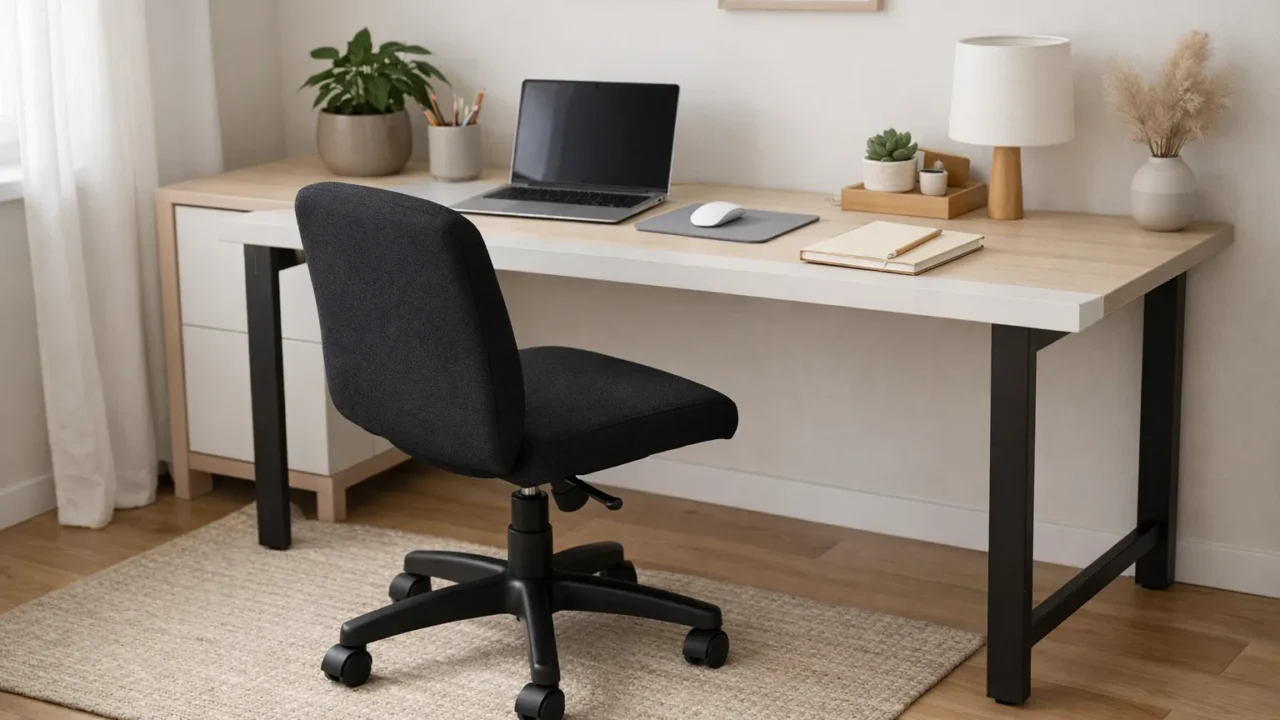 Chaise de bureau sans accoudoirs placée devant un bureau dans une pièce lumineuse.