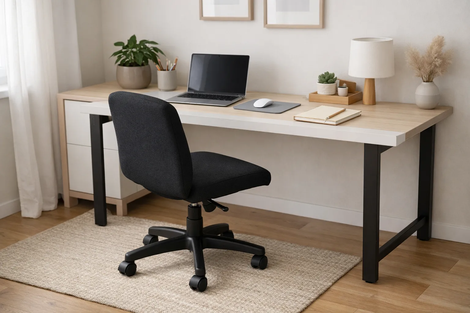 Chaise de bureau sans accoudoirs placée devant un bureau dans une pièce lumineuse.