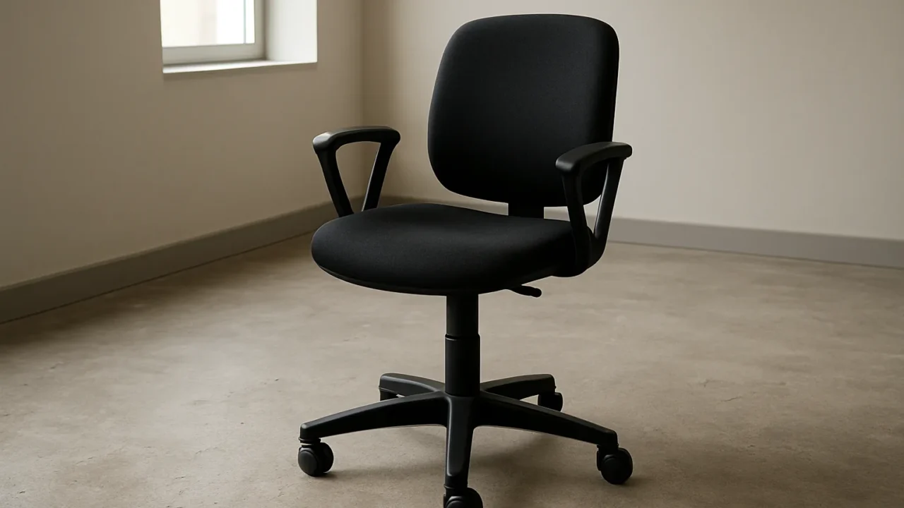 Chaise de bureau à roulettes posée sur un sol irrégulier, avec son piètement visible.