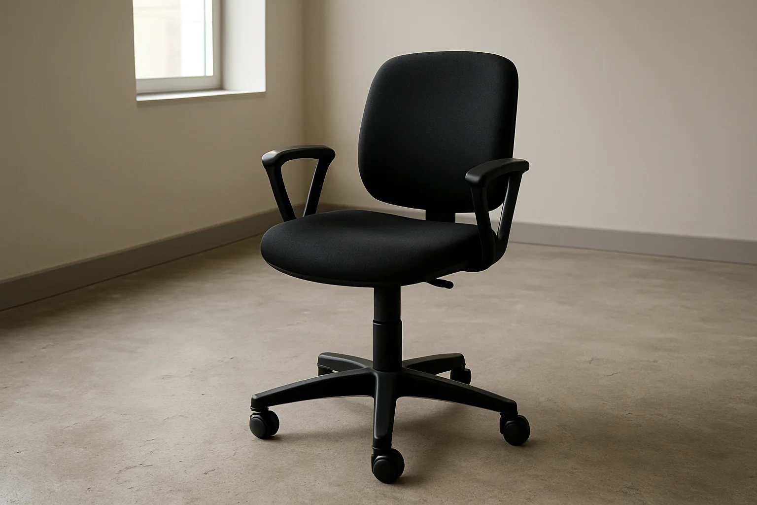 Chaise de bureau à roulettes posée sur un sol irrégulier, avec son piètement visible.
