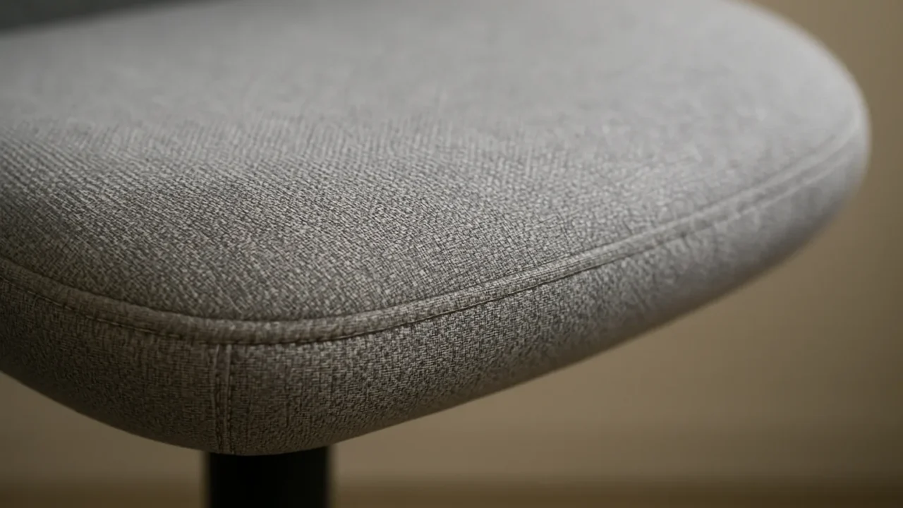 Gros plan sur la couture en tissu au bord d’une assise rembourrée de fauteuil de bureau.