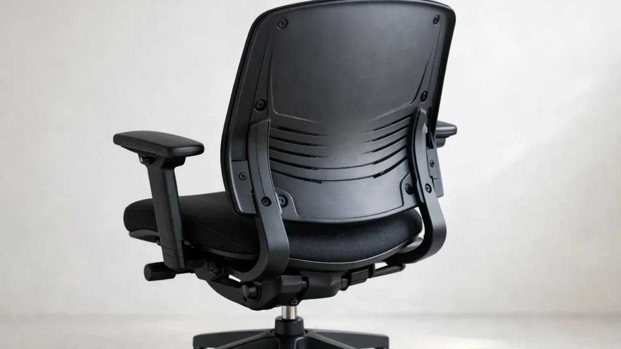 Dossier incurvé en plastique moulé d’une chaise de bureau, avec ses nervures et ses fixations visibles.