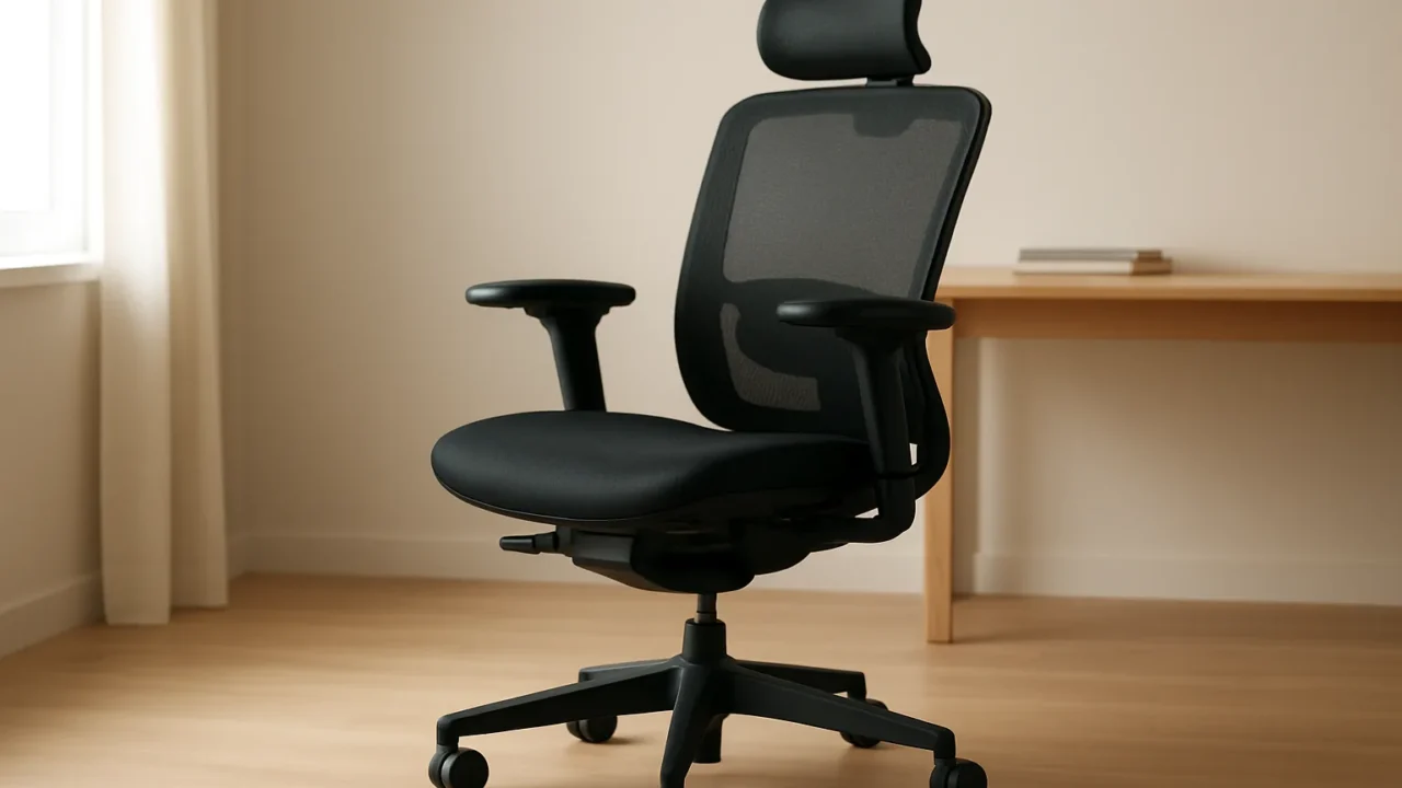 Fauteuil de bureau noir avec un dossier dont le mécanisme de réglage en hauteur est visible.