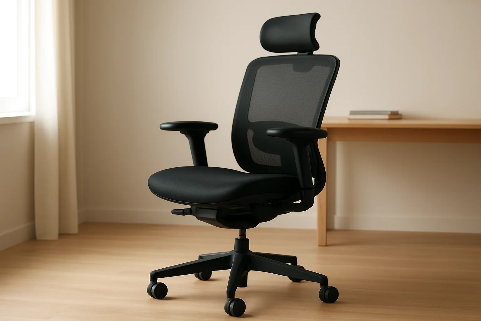 Fauteuil de bureau noir avec un dossier dont le mécanisme de réglage en hauteur est visible.