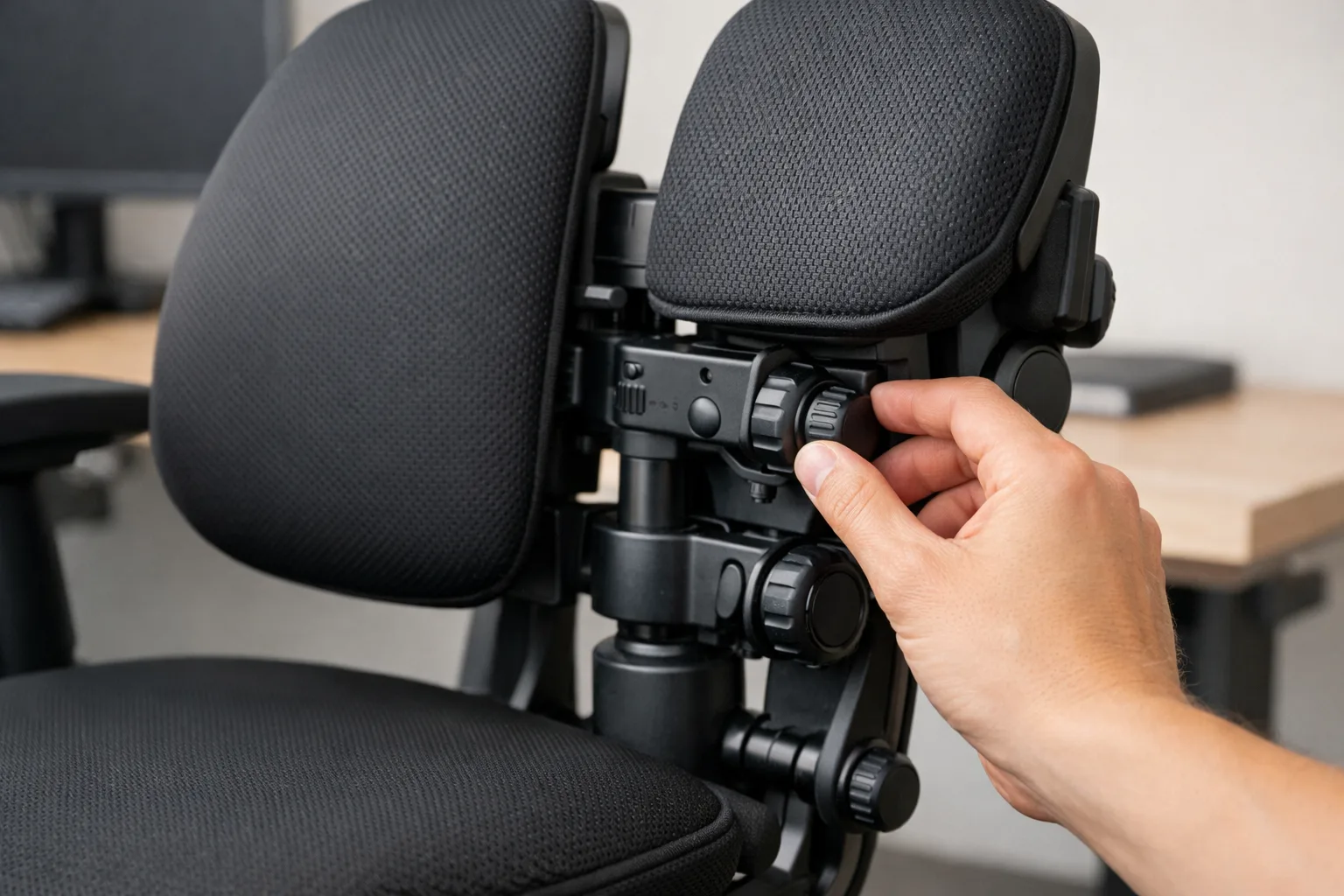 Main réglant l’écartement des deux éléments d’appui du dossier d’un fauteuil de bureau.