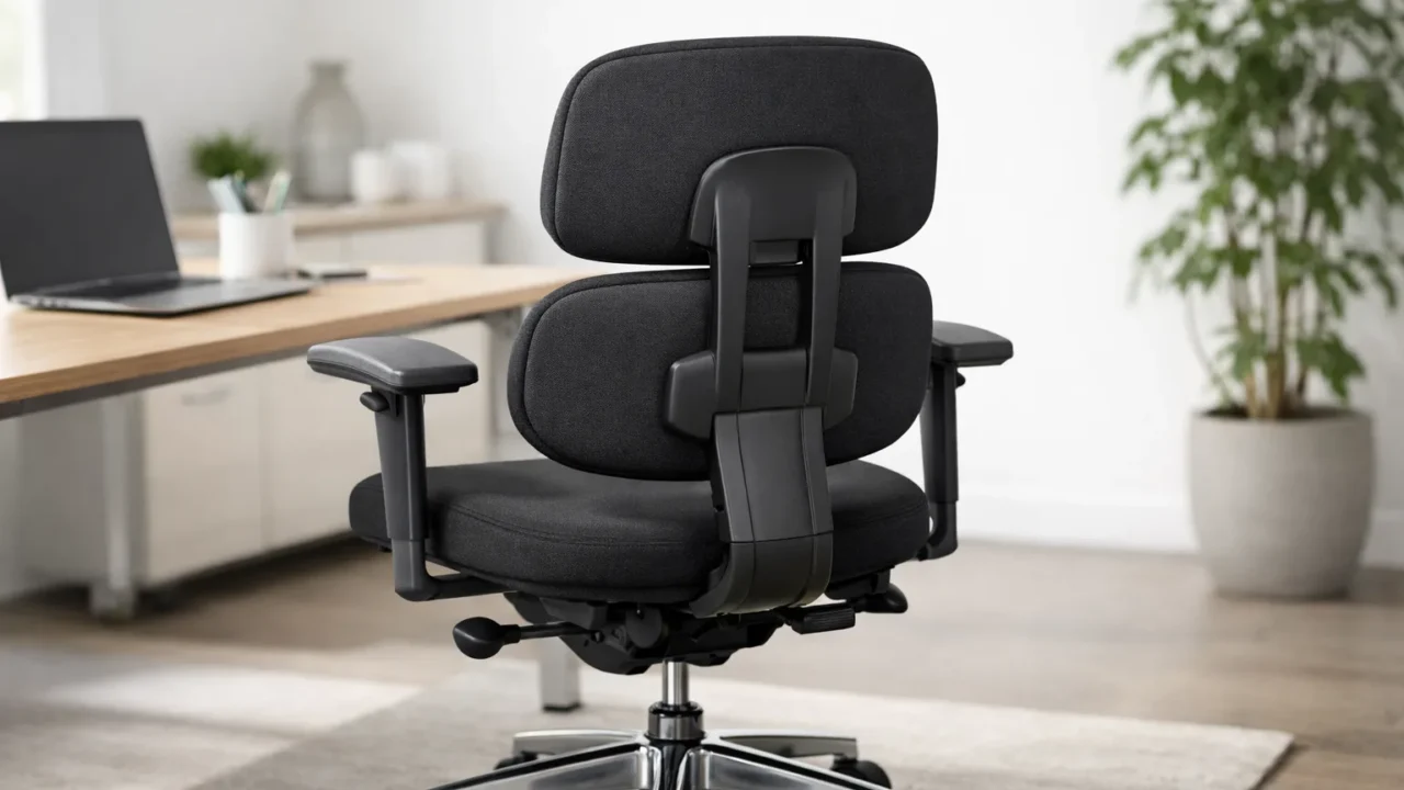 Fauteuil de bureau vu de dos, avec deux éléments d’appui distincts formant le dossier.