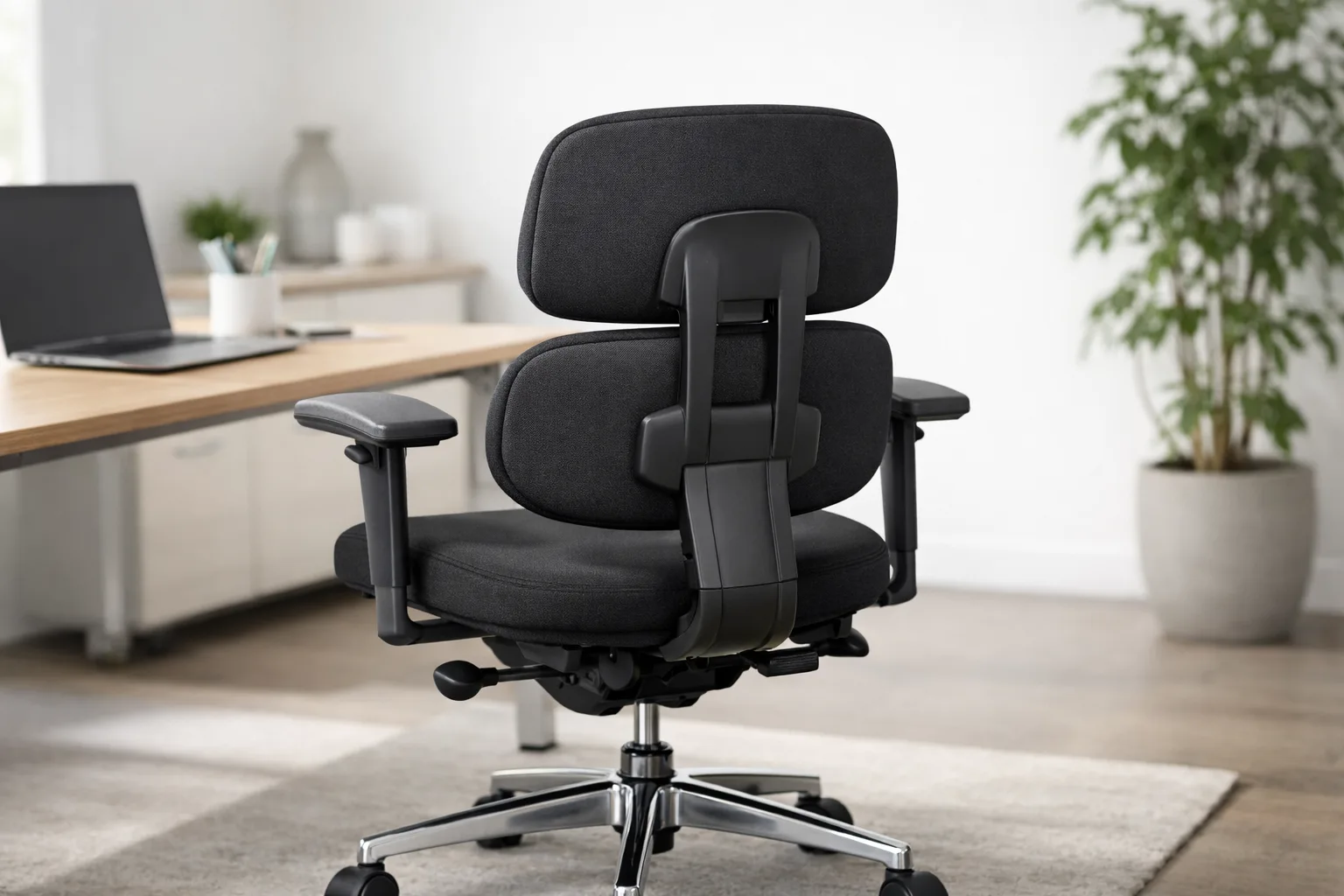 Fauteuil de bureau vu de dos, avec deux éléments d’appui distincts formant le dossier.
