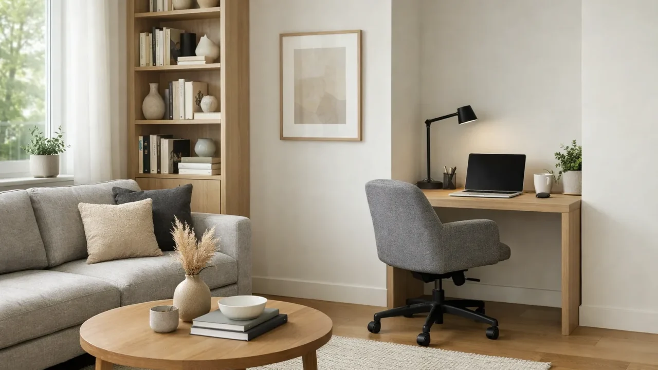Fauteuil de bureau sobre installé devant un bureau compact dans un salon avec canapé et bibliothèque.