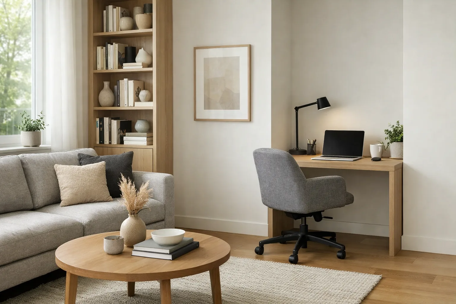Fauteuil de bureau sobre installé devant un bureau compact dans un salon avec canapé et bibliothèque.