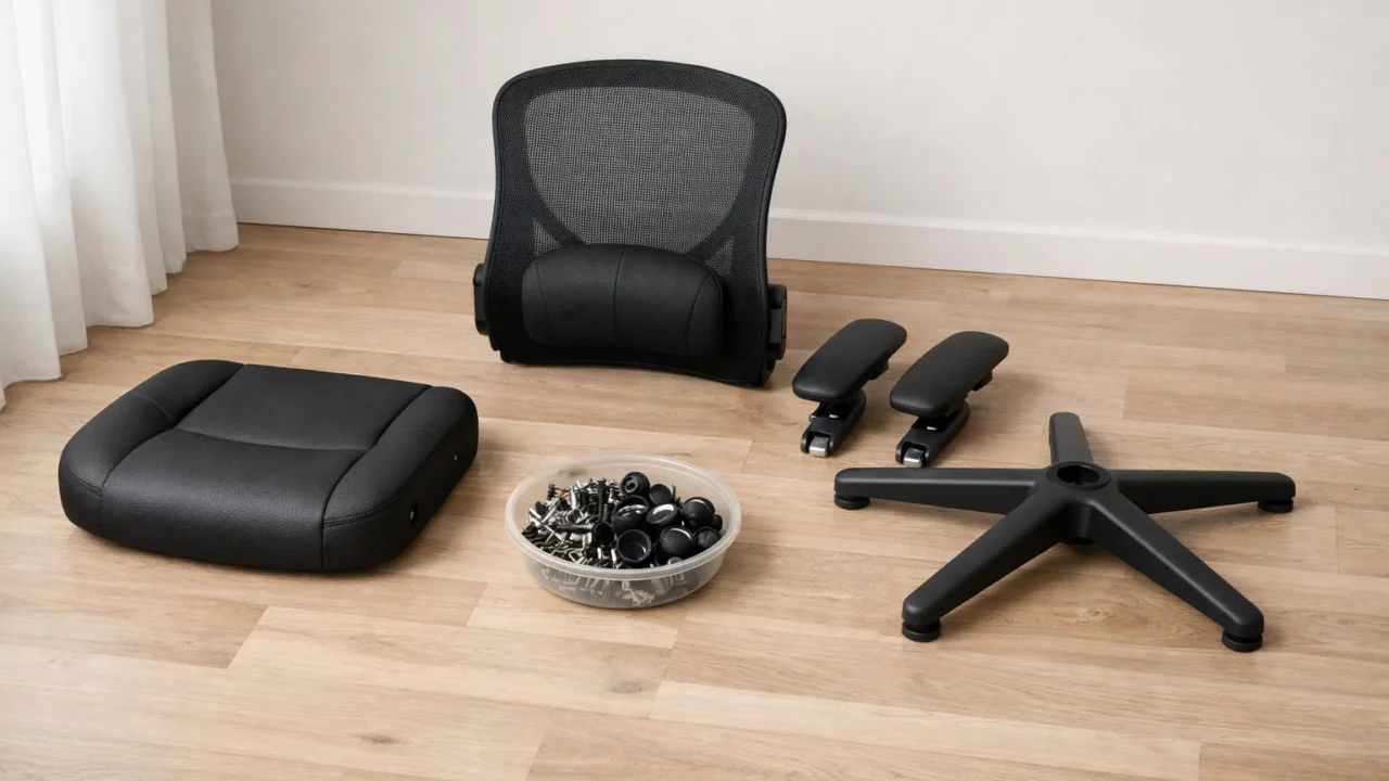 Un fauteuil de bureau partiellement démonté, avec l’assise, le dossier et le piètement séparés.