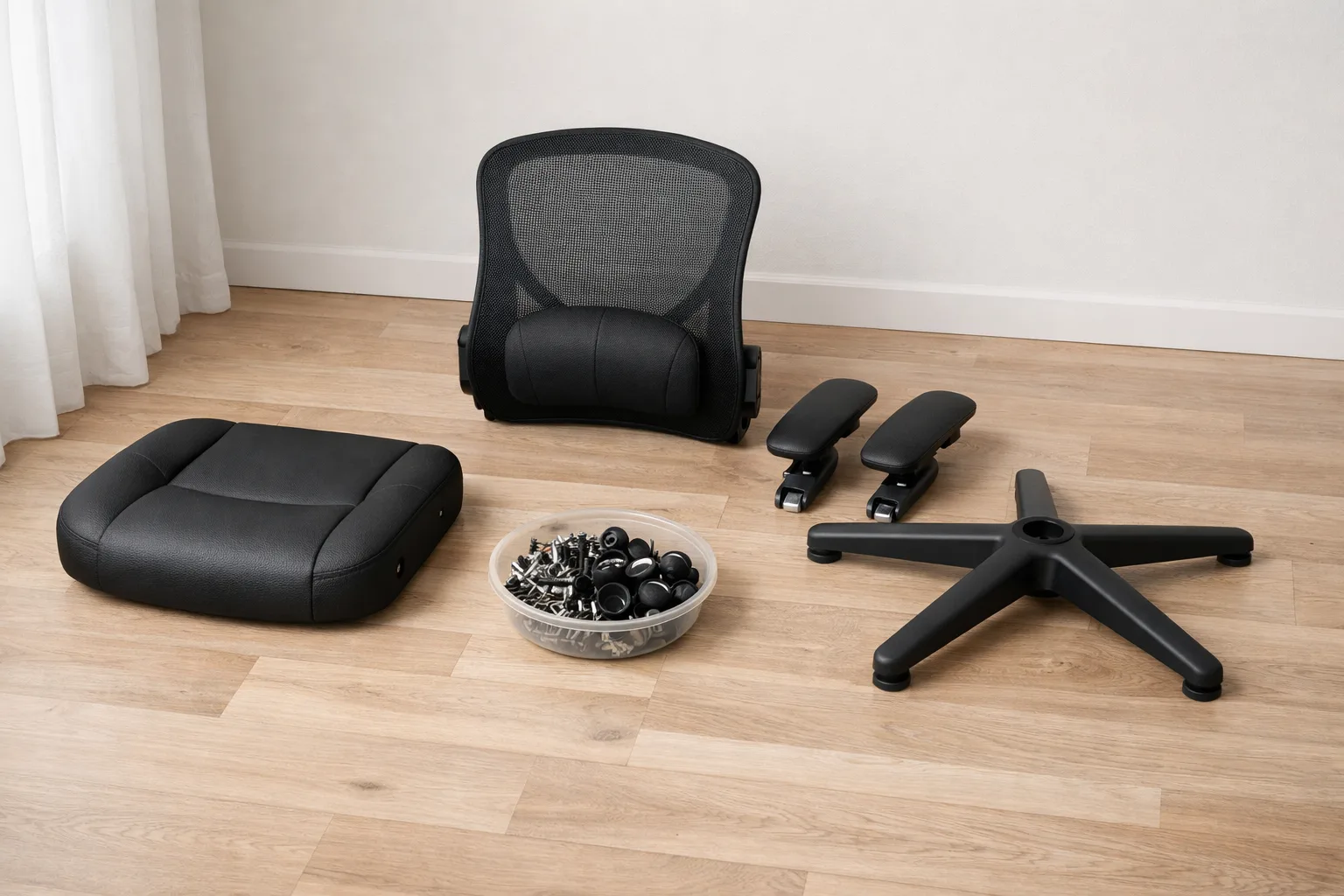 Un fauteuil de bureau partiellement démonté, avec l’assise, le dossier et le piètement séparés.