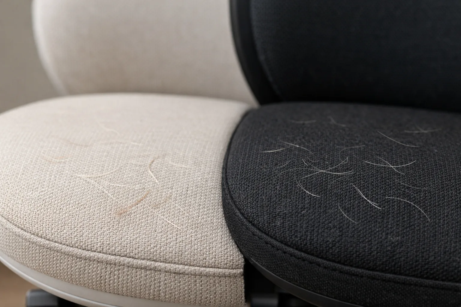 Quelques poils d’animal contrastent sur deux tissus de fauteuil de bureau, l’un clair et l’autre foncé.