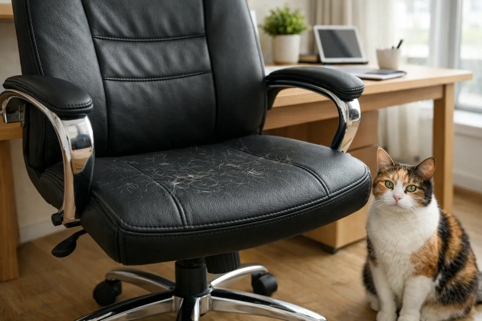 Un chat se tient près d’un fauteuil de bureau en tissu où quelques poils sont visibles.