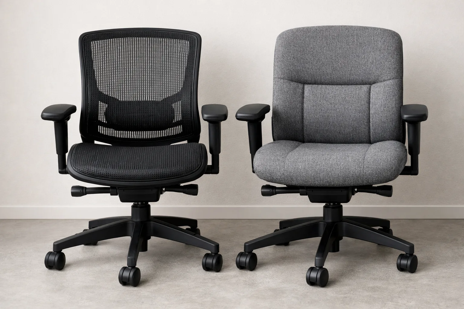 Détail comparatif d’un fauteuil en maille tendue et d’un fauteuil en tissu rembourré.