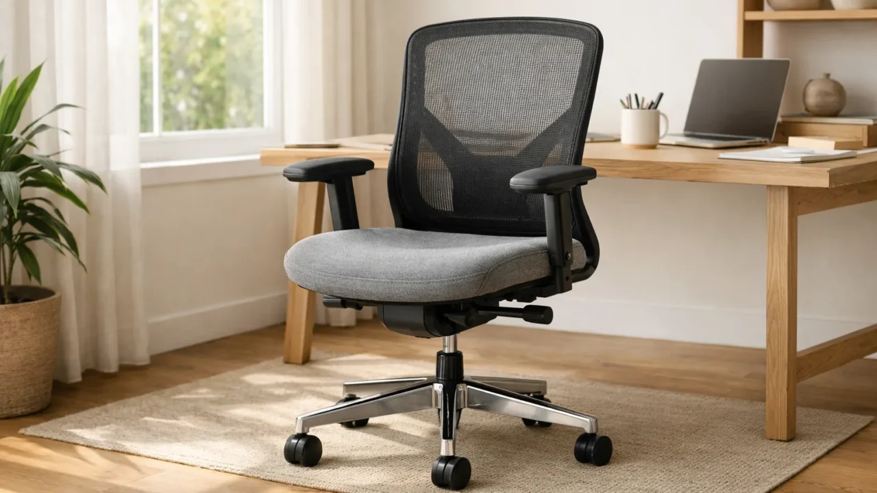 Fauteuil de bureau en maille et tissu installé dans une pièce de travail lumineuse.