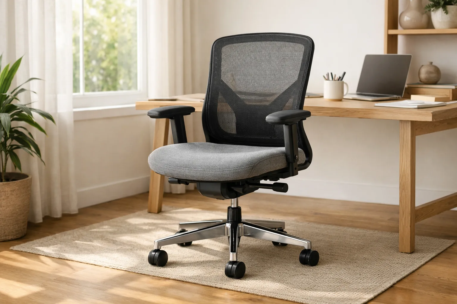 Fauteuil de bureau en maille et tissu installé dans une pièce de travail lumineuse.