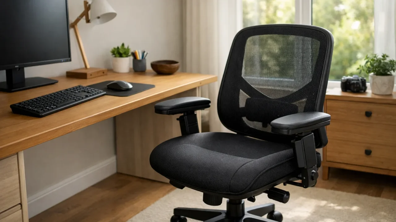 Fauteuil de bureau devant un poste organisé pour écrire et utiliser la souris de la main gauche.