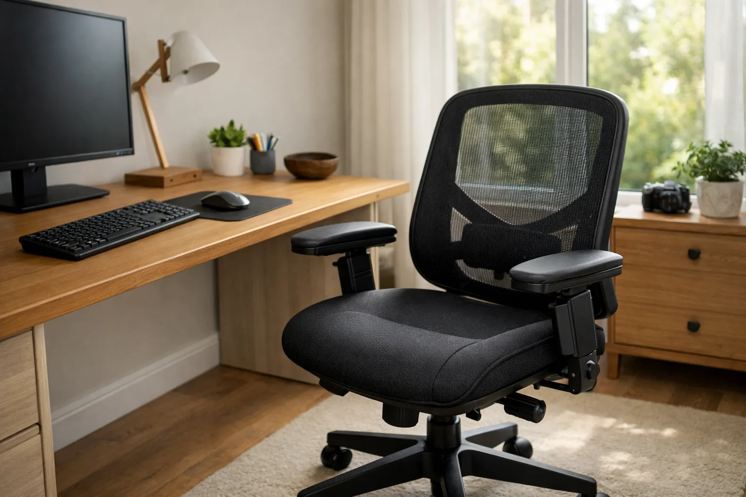 Fauteuil de bureau devant un poste organisé pour écrire et utiliser la souris de la main gauche.