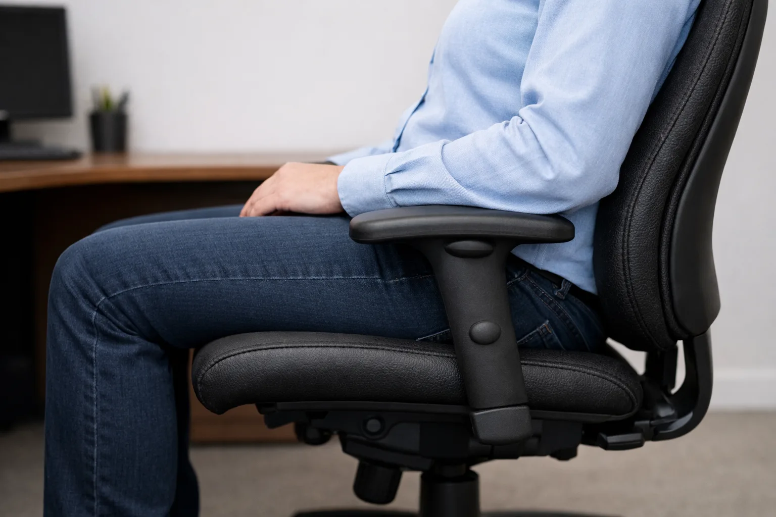Vue de profil d’une personne assise au fond d’un fauteuil, avec un espace visible entre le bord de l’assise et ses genoux.