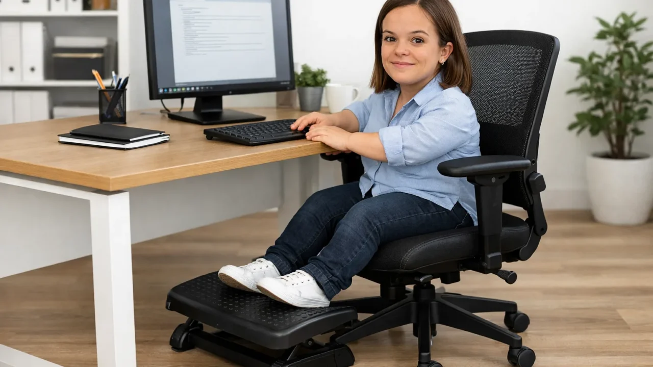 Une personne de petite taille est assise à un bureau sur un fauteuil réglable, les pieds soutenus par un repose-pieds.
