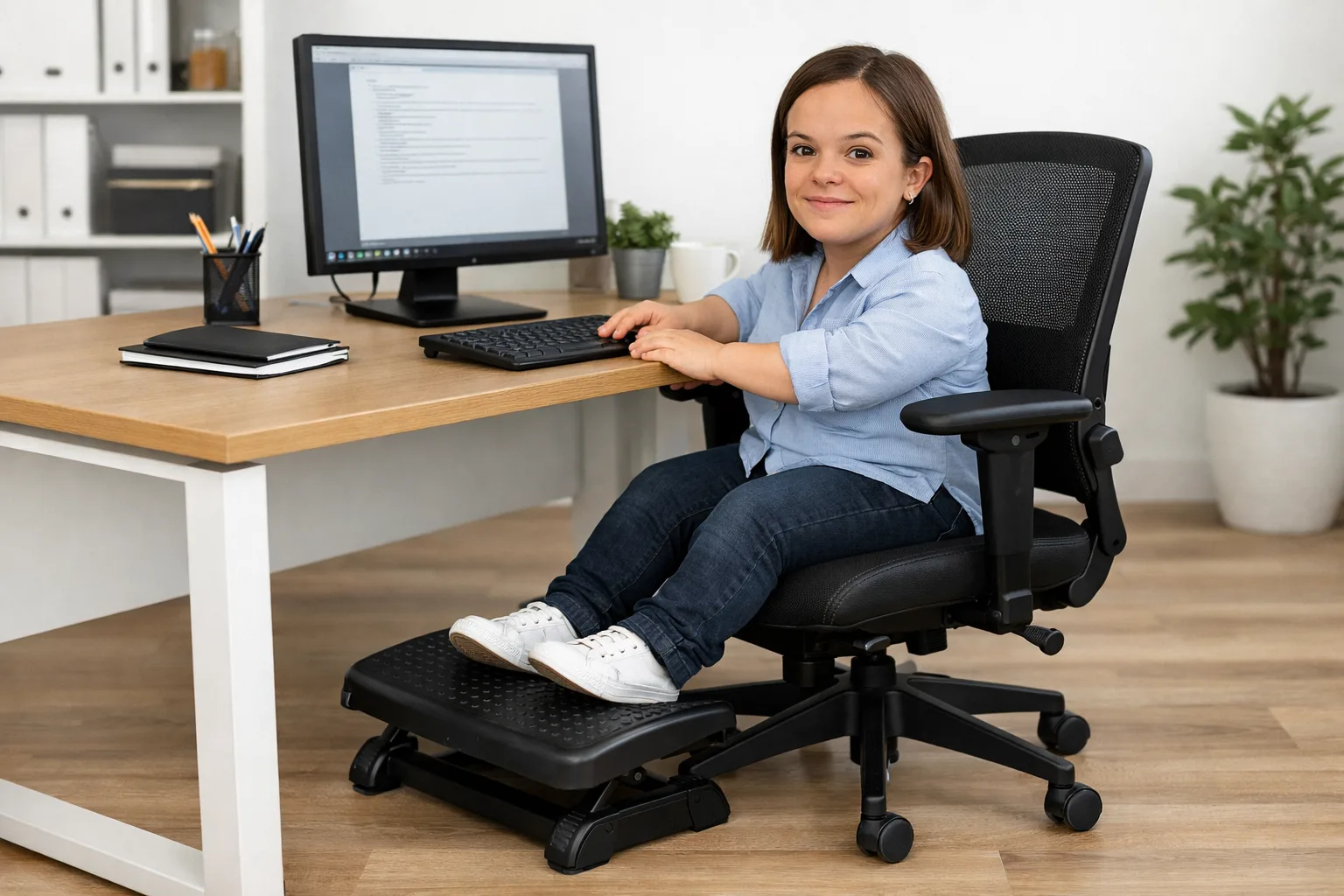 Une personne de petite taille est assise à un bureau sur un fauteuil réglable, les pieds soutenus par un repose-pieds.